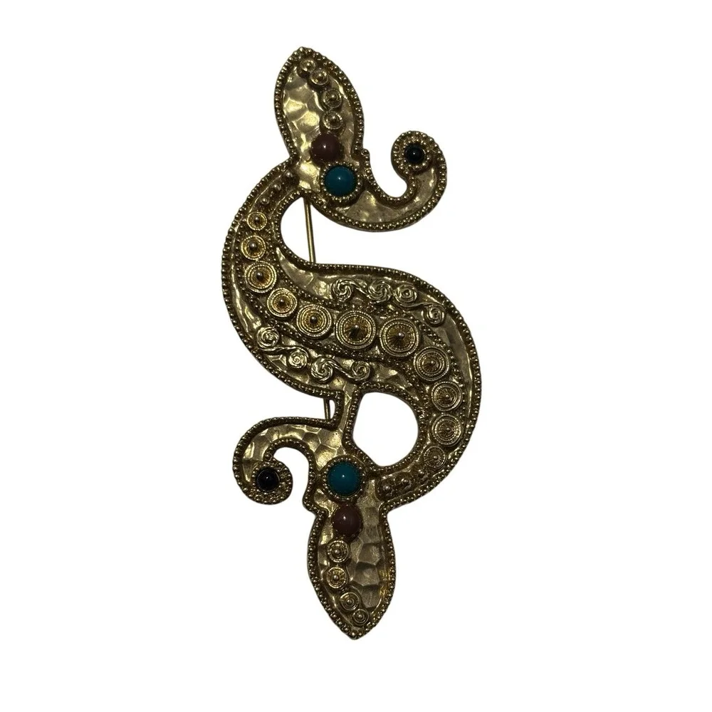 Vintage GoldTone Etruscan Byzantine Style Scroll Faux stone cabochons Brooch Pin
